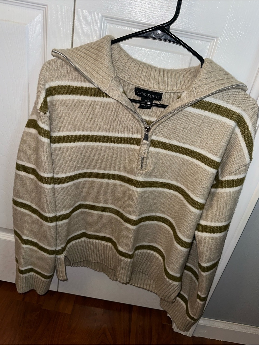 Cynthia Rowley Beige Striped 1/4 Zip Sweater